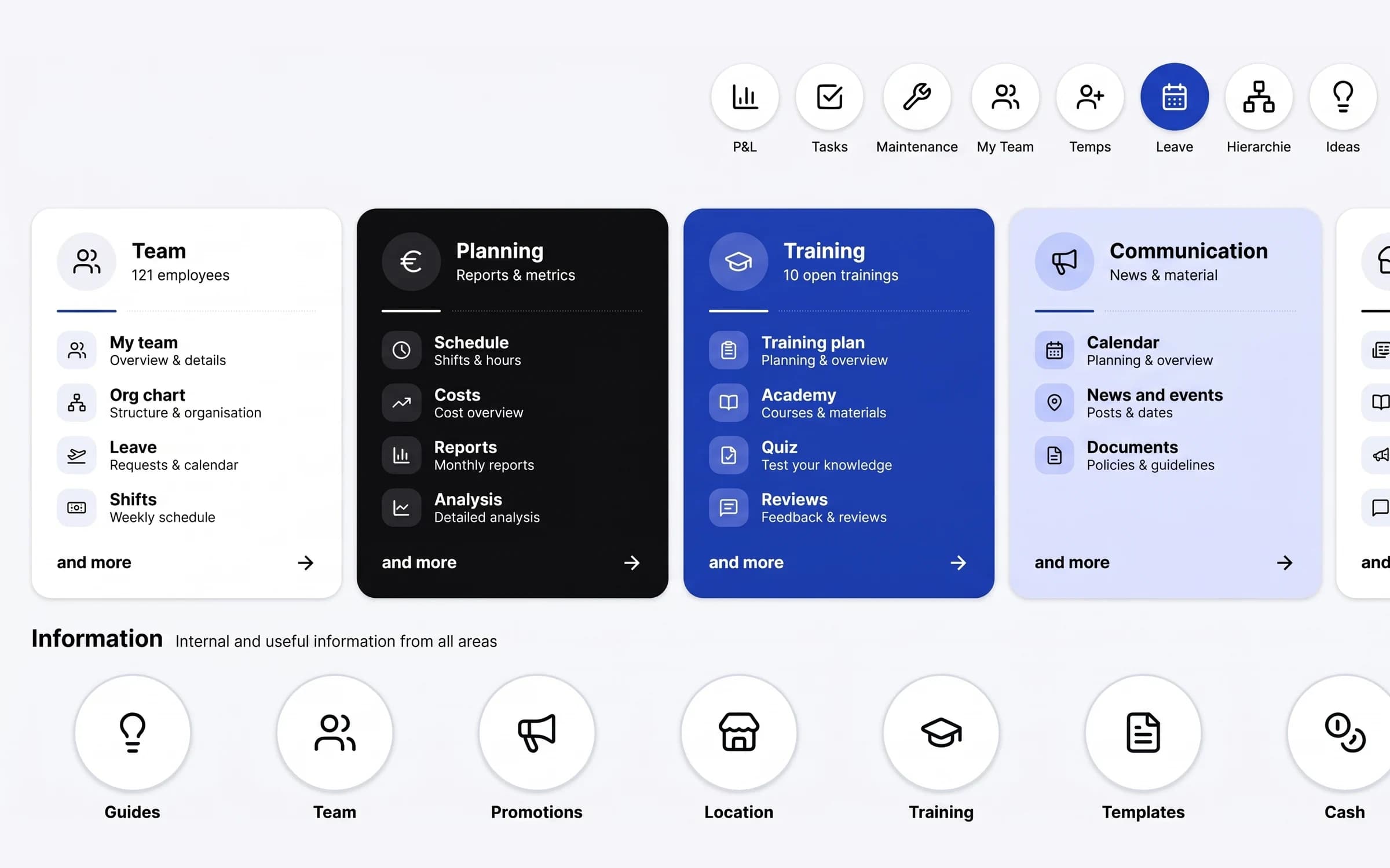 Internal platform home: Team, Planning, Training and Communication modules with quick access
