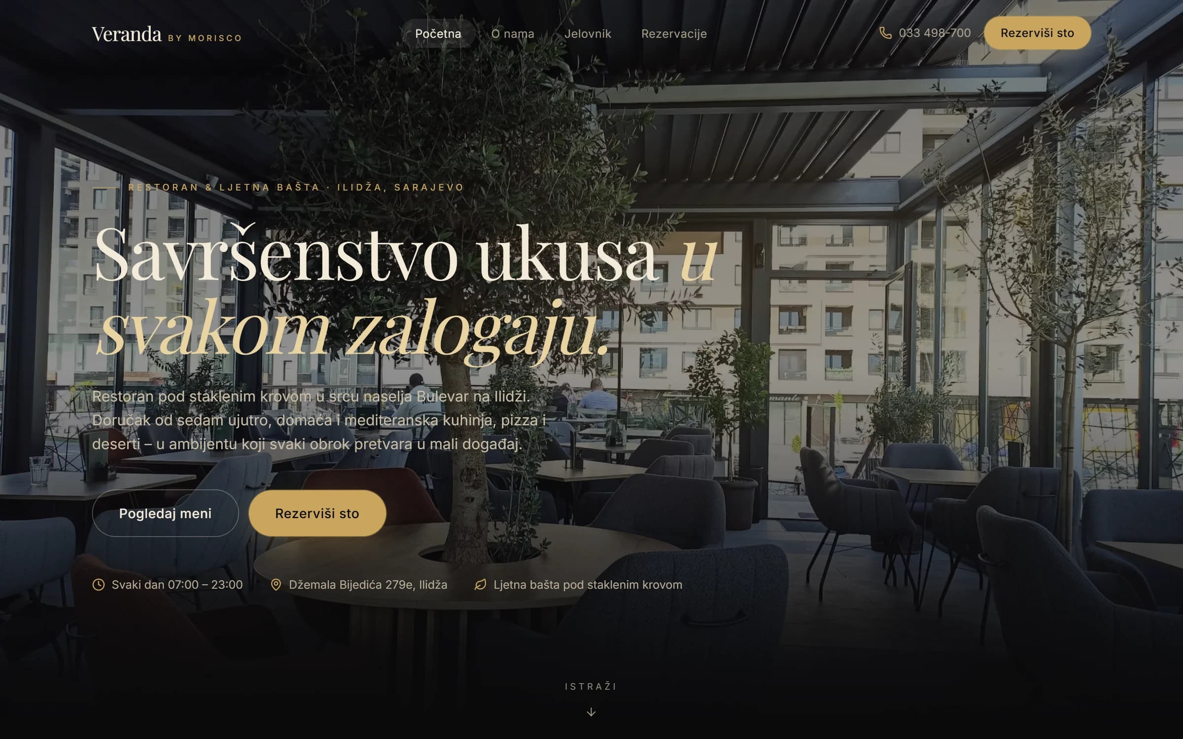 Home: terrace under a glass roof, headline and the View menu / Book a table buttons
